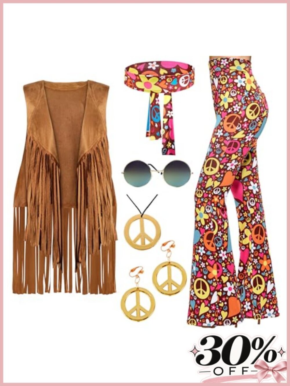 Hippie Costume Set 60s 70s Disco Vest Pants Halloween Cosplay